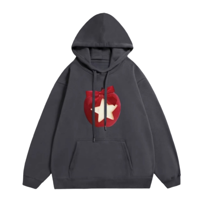 Dark Gray Hoodie with Apple and Star Print